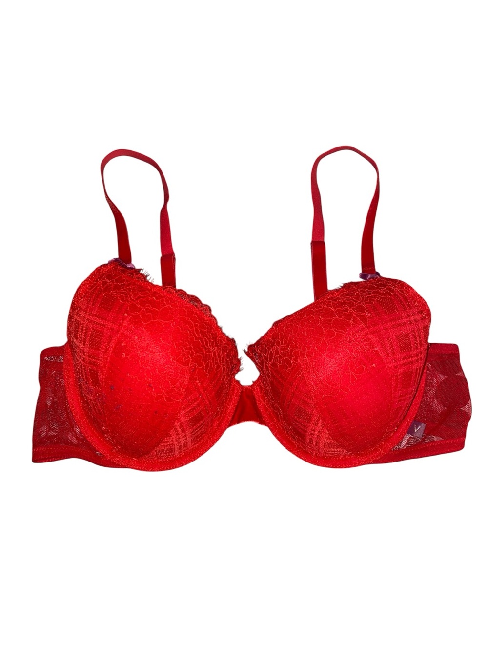 Victoria’s Secret Red Plaid Floral Lace Mesh Bra, Size 38C